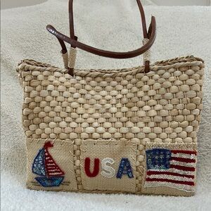 Patriotic Fourth Of July USA Flag Straw Tote Bag Leather‎ Handles Beach Coastal